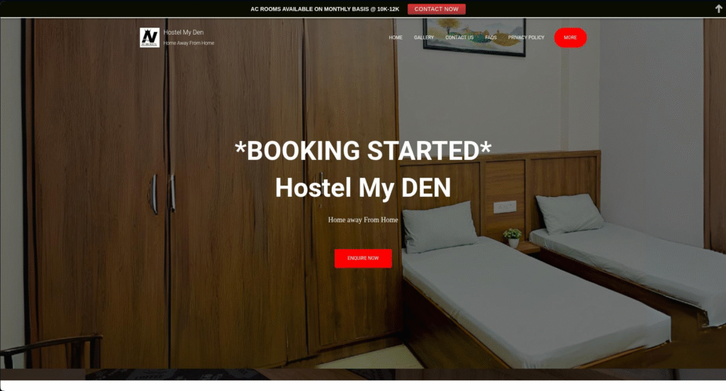 Dynamic hospitality and booking website for My Den Hostel created by Utilaiz World.