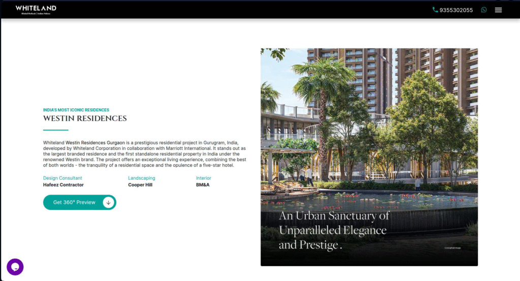Homepage screenshot of Whiteland Westin Residences luxury real estate website developed by Utilaiz World