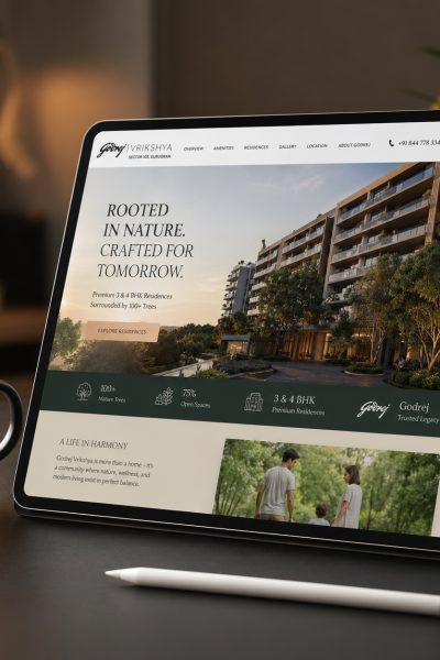 A high-performance real estate website landing page developed by Utilaiz World, displayed on a sleek tablet workspace